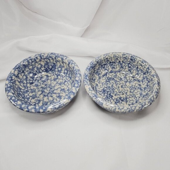 VTG Gerald E Henn Roseville Pottery Blue Spongeware 6" Cereal Bowls Set Of 2 - Picture 1 of 9